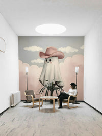 The ghost has a cute and welcoming appearance, not scary.
