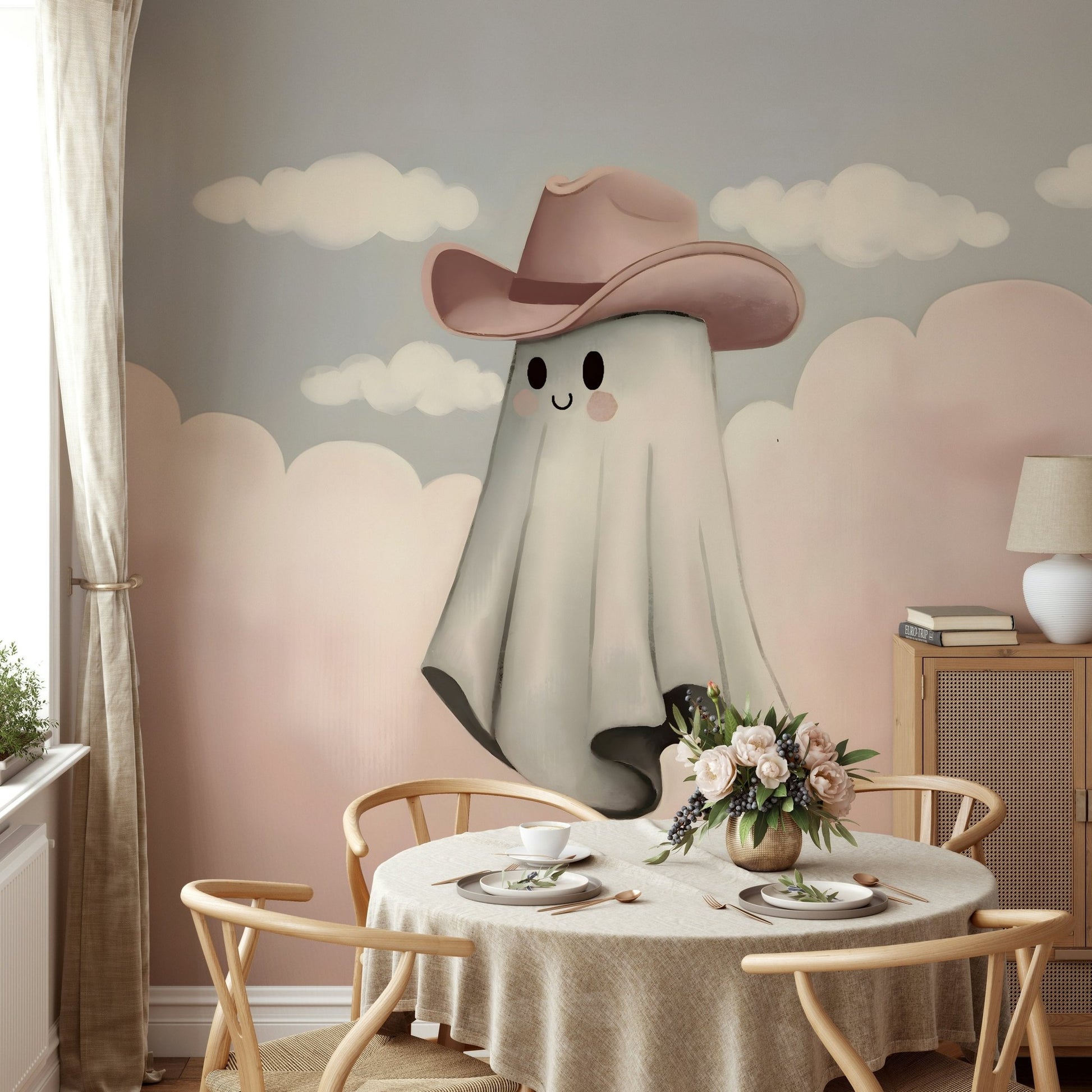 One of the ghost's arms is raised in a friendly wave.
