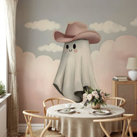 One of the ghost's arms is raised in a friendly wave.
