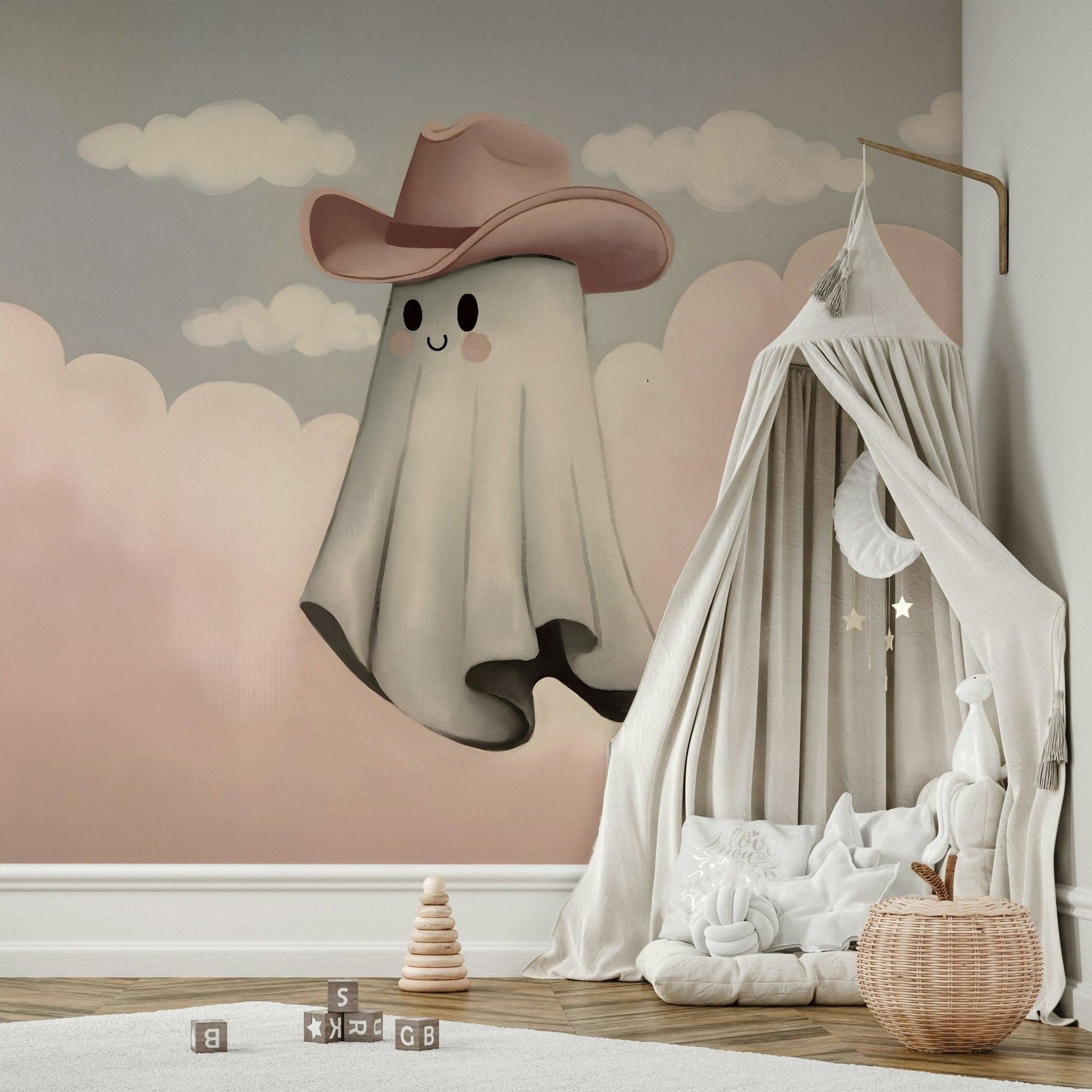 The Howdy Ghost Wall Mural shown on a light-colored wall.
