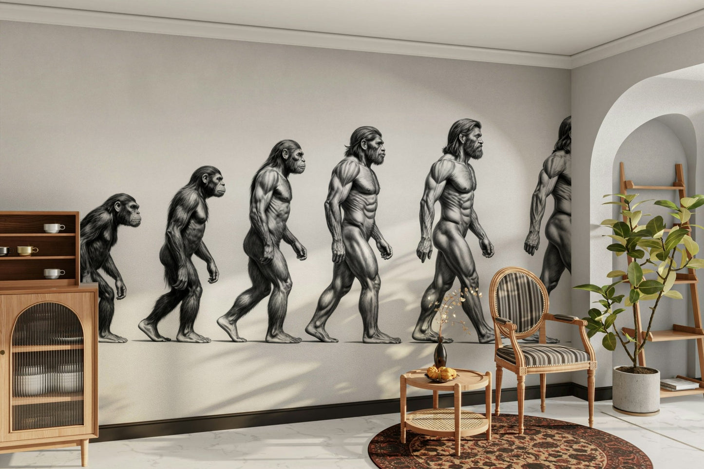 The scene includes early hominids, Neanderthals, and Homo sapiens.

