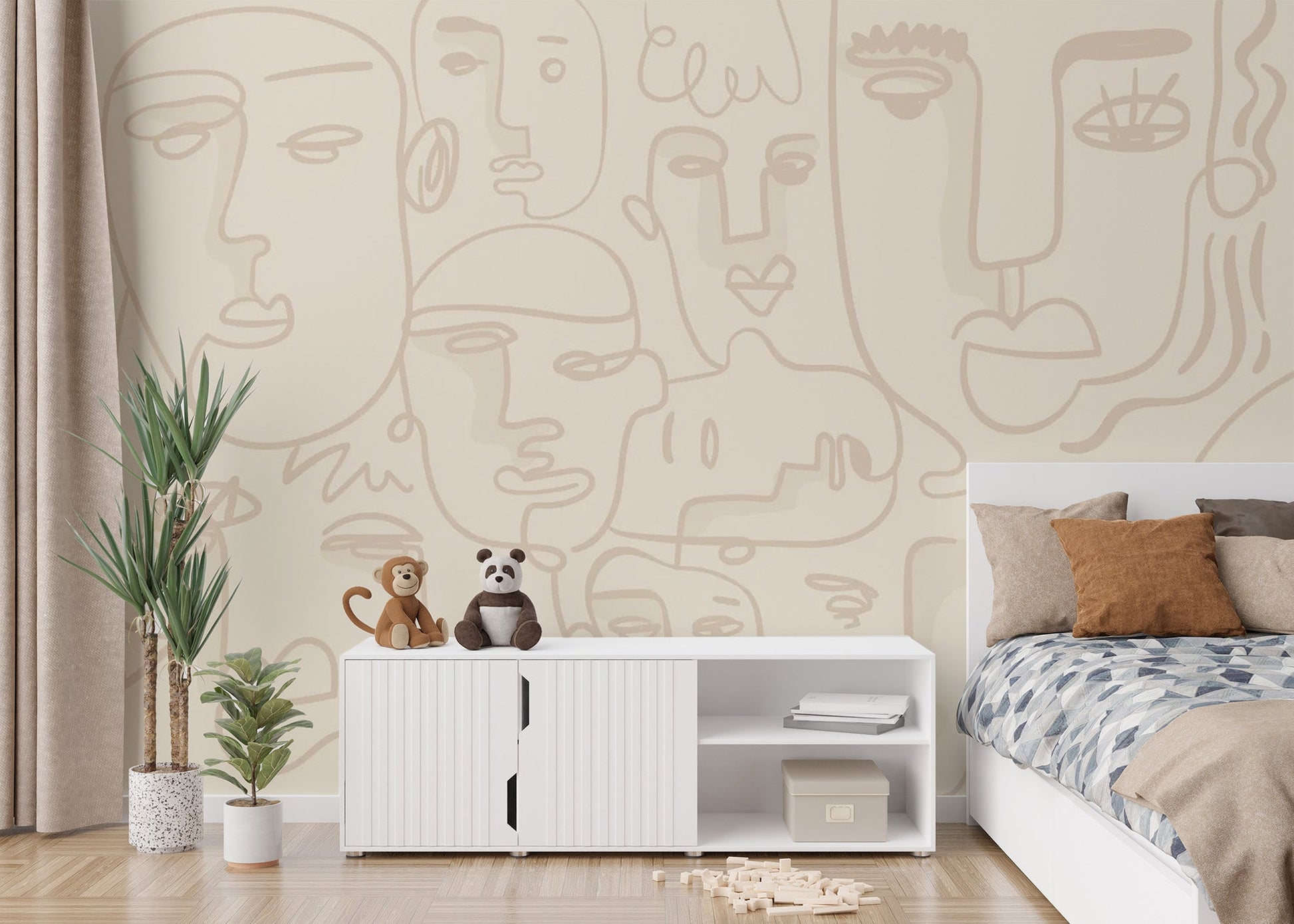 Contemporary face line art wallpaper in a mural style. abstract-09