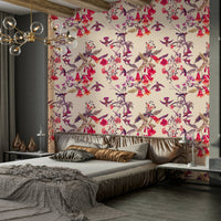 A peaceful botanical mural on decorative wallpaper.

