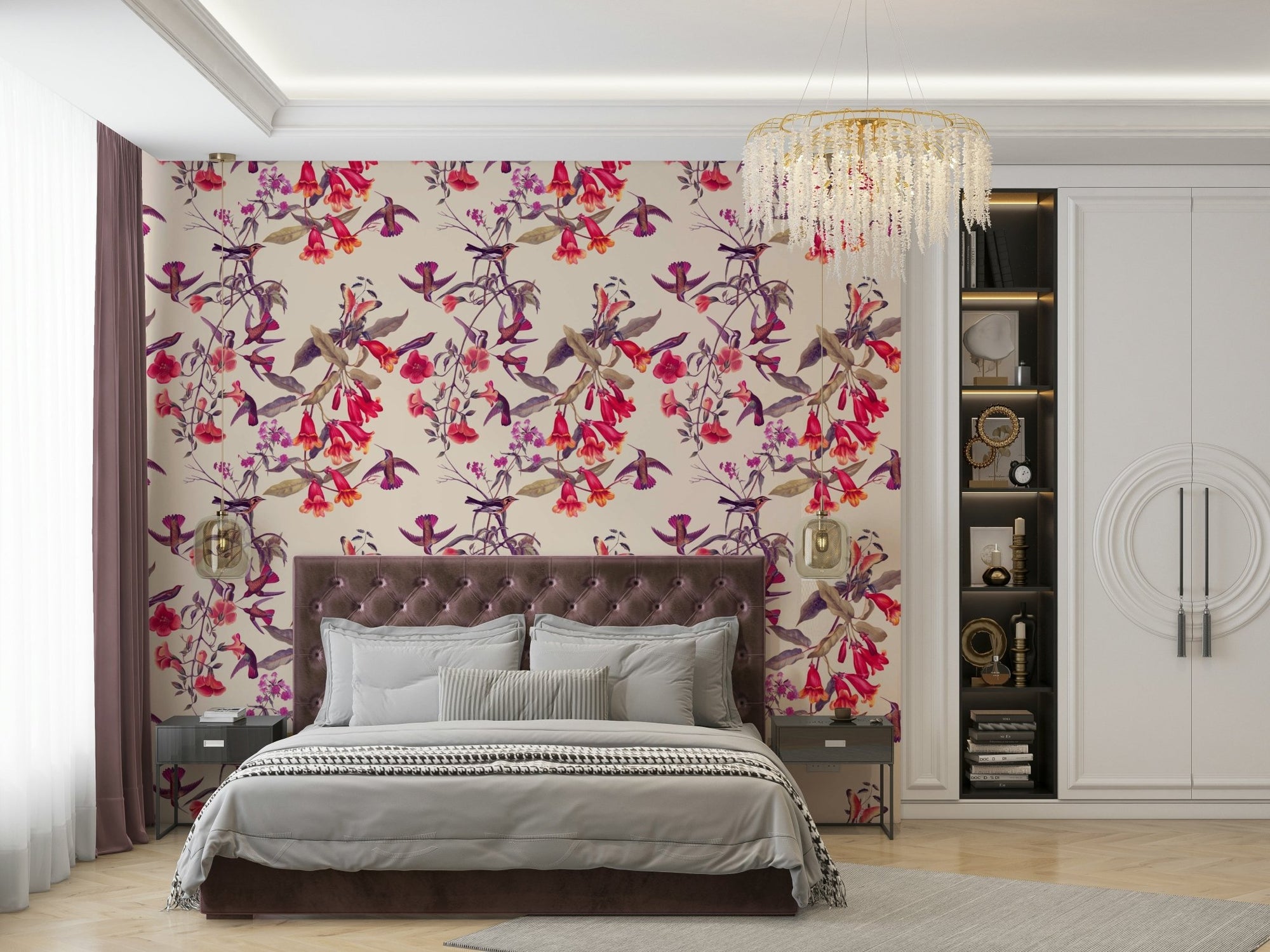 A beautiful hummingbird and bloom wallpaper mural for a modern home., GD5114