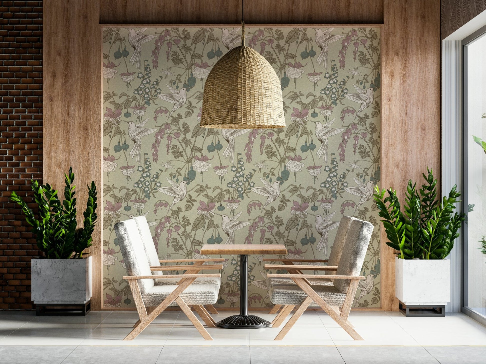 A beautiful hummingbird wallpaper mural with subtle, elegant flowers.