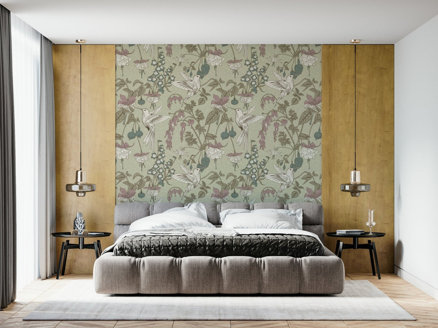 An artistic soft focus aviary mural on minimalist wallpaper.