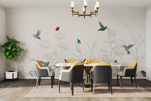 The image shows an artistic impression of a serene scene with hummingbirds.

