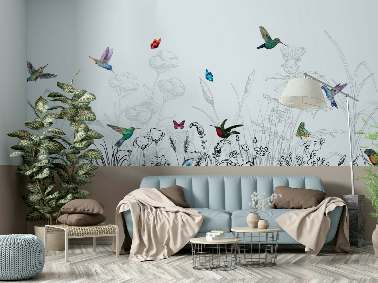 A wall mural of a peaceful hummingbird and flora pattern.


