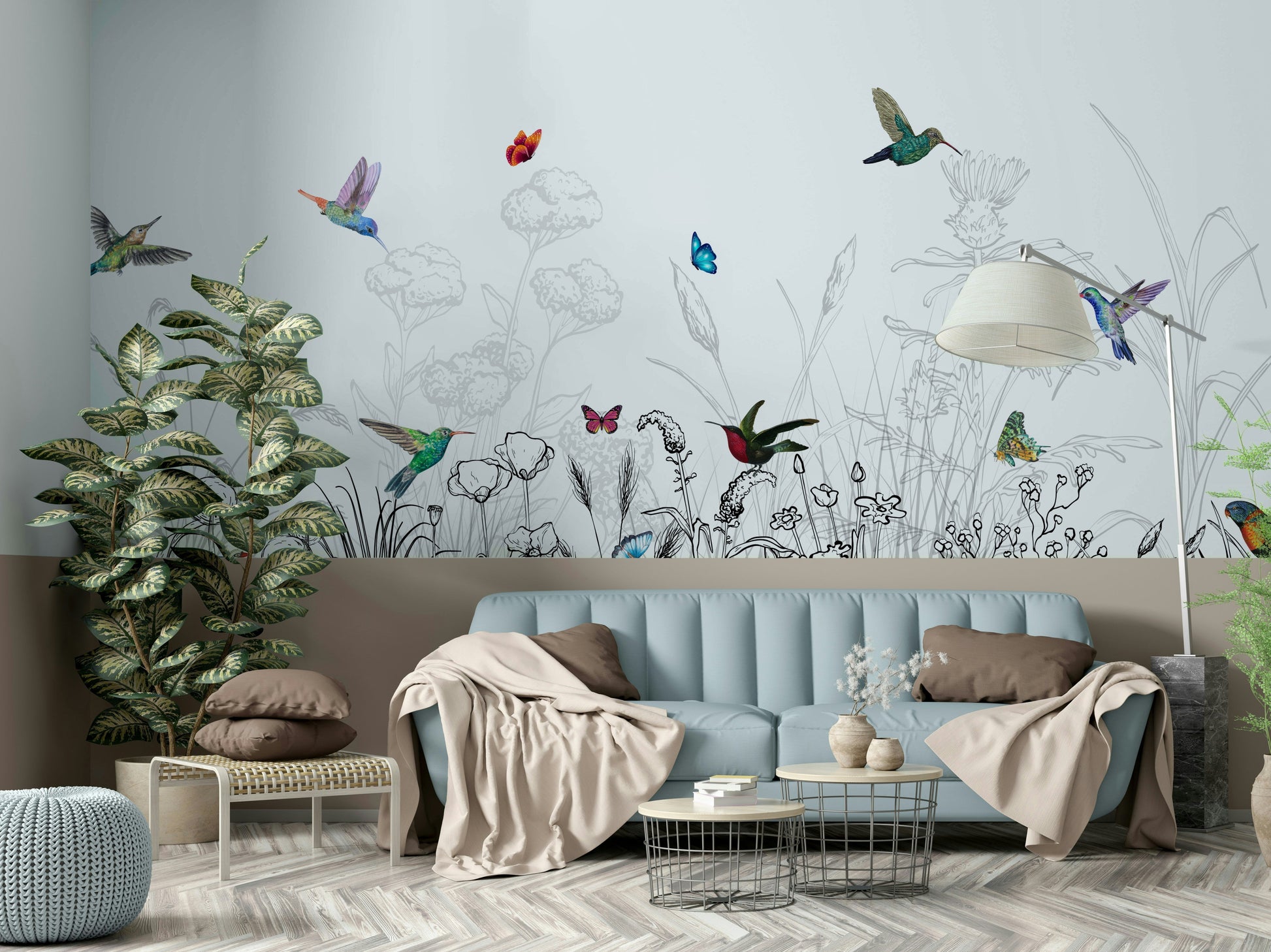 A wall mural of a peaceful hummingbird and flora pattern.

