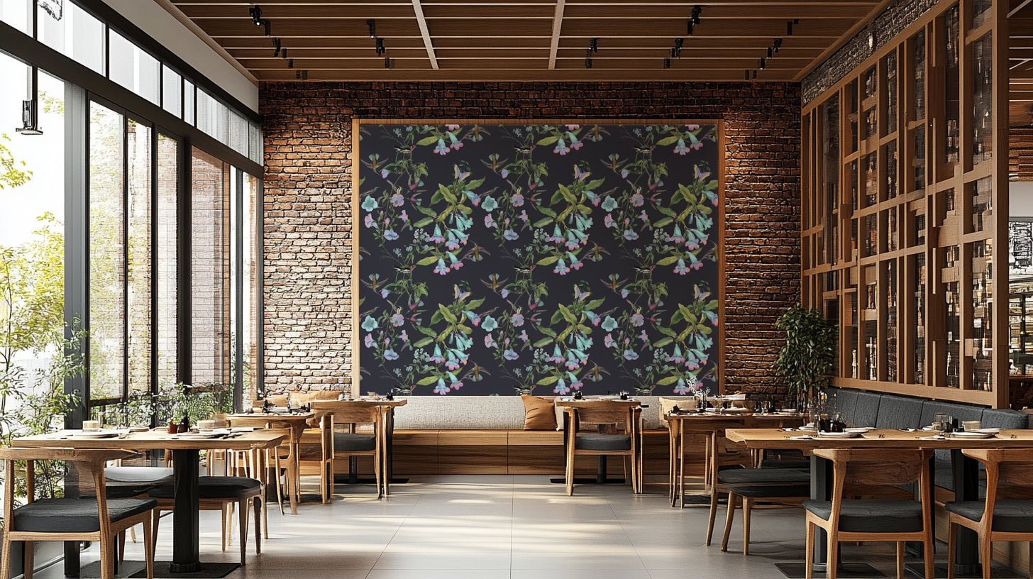 A beautiful hummingbird wallpaper mural with bright flowers., GD5120