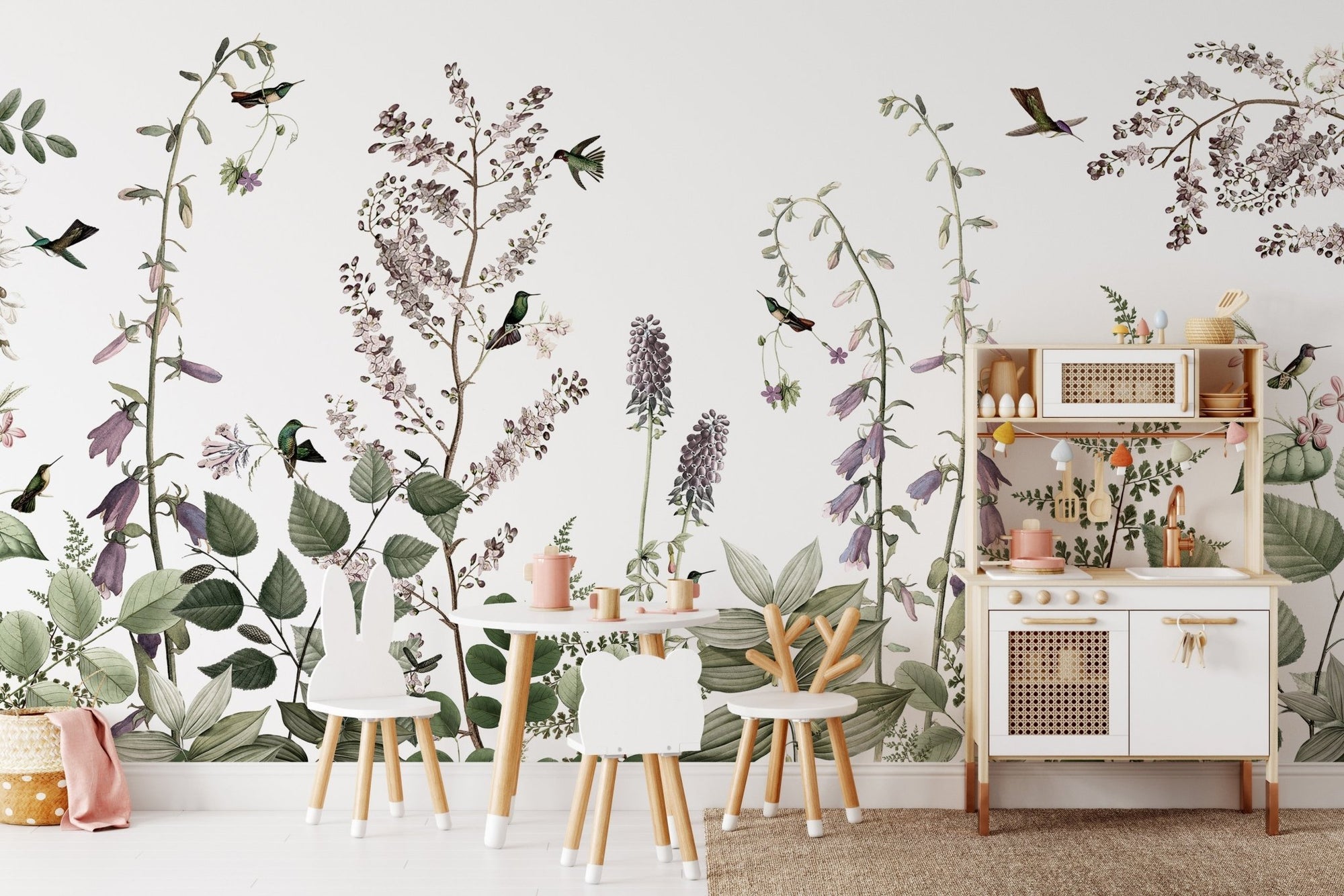 Hummingbird Hedge wallpaper with lush flowers and birds KB58