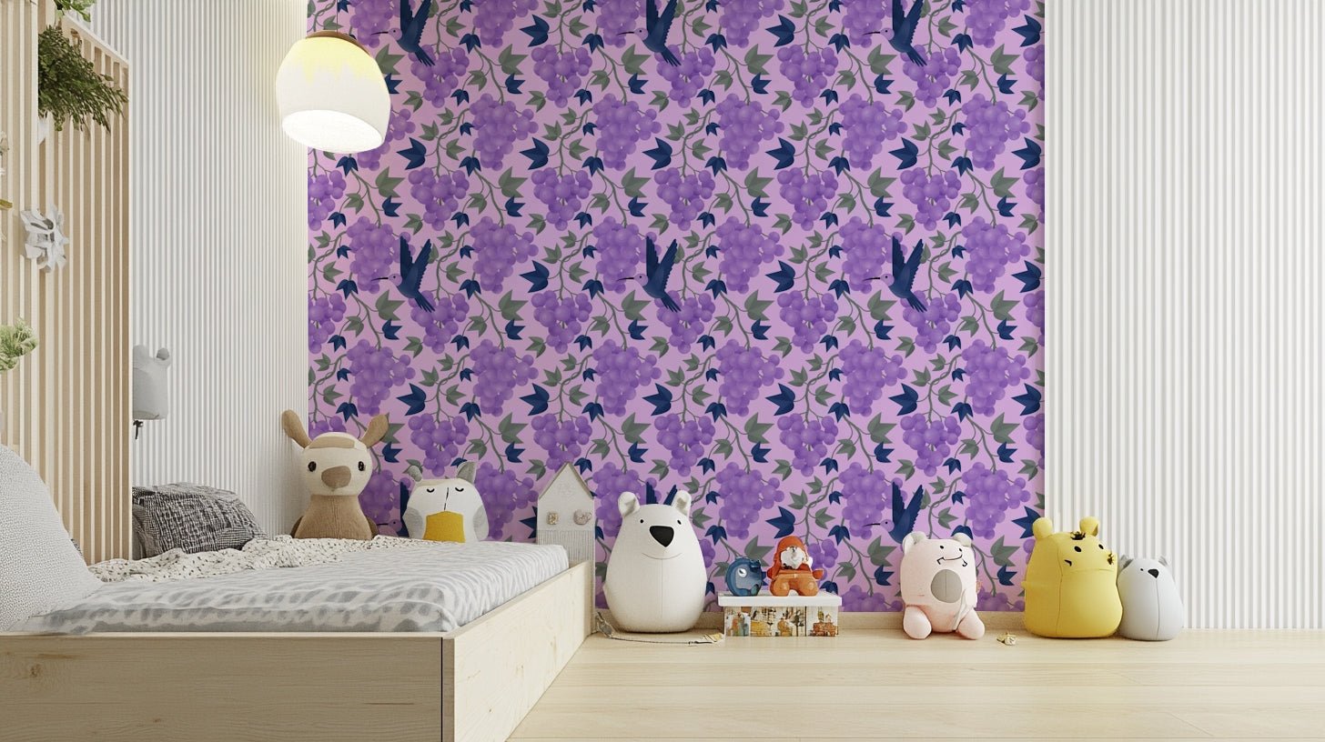 Purple grapevine wallpaper with flying hummingbird

