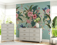 Pastel hummingbird bloom wall mural in a luxury suite wallpaper mural