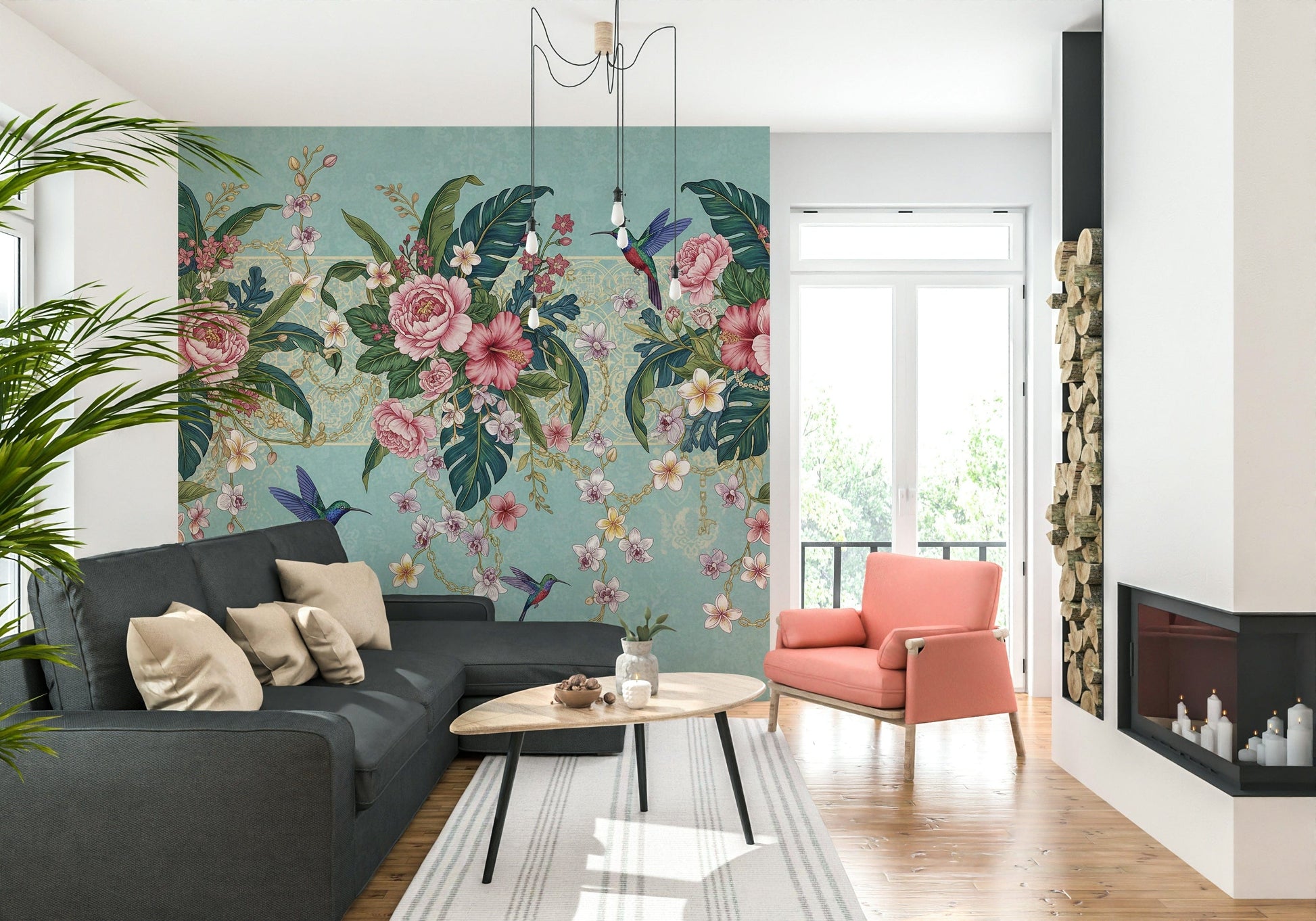 Hummingbird among tropical flowers wallpaper mural for a reading nook