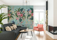 Hummingbird among tropical flowers wallpaper mural for a reading nook