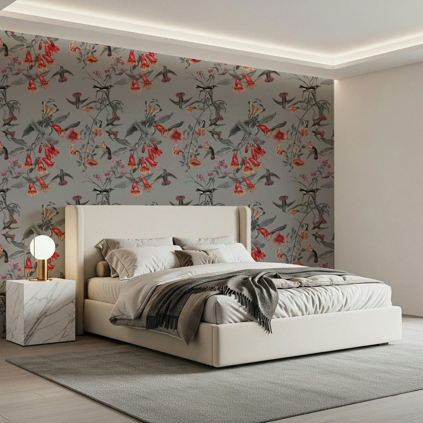Floral wall mural featuring dainty birds for a serene bedroom theme.