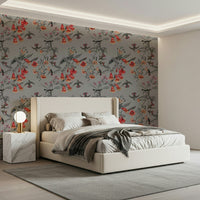 Floral wall mural featuring dainty birds for a serene bedroom theme.