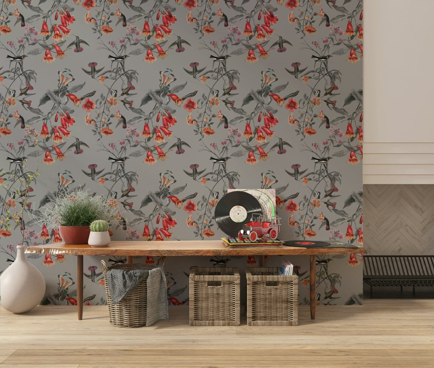 Chic botanical wallpaper mural for an airy open plan apartment.