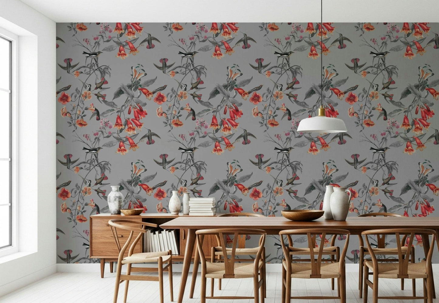 Elegant bird and branch pattern wallpaper for a nursery wall.