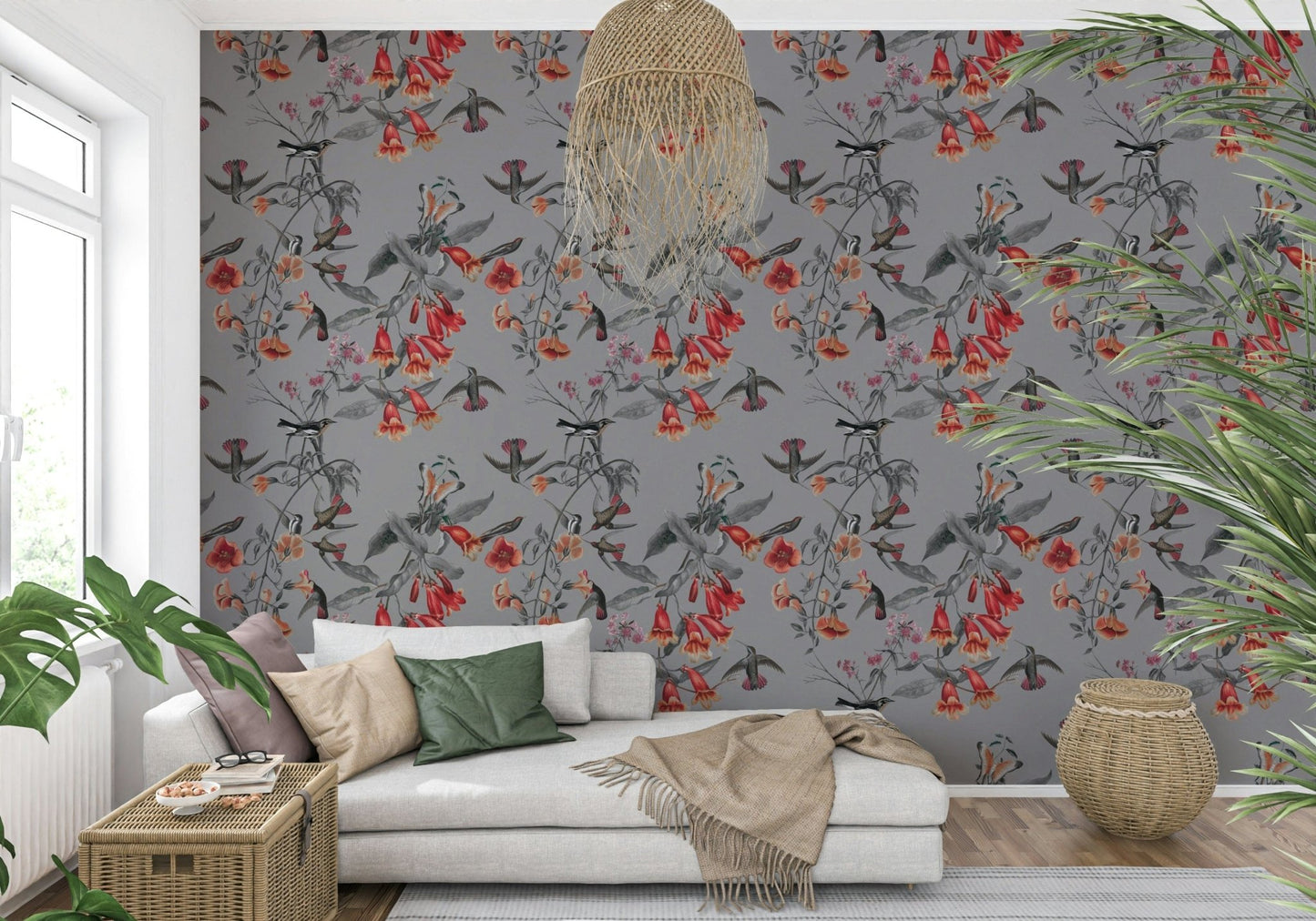Vintage style botanical wallpaper with pastel accents in a home office.