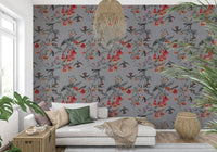 Vintage style botanical wallpaper with pastel accents in a home office.
