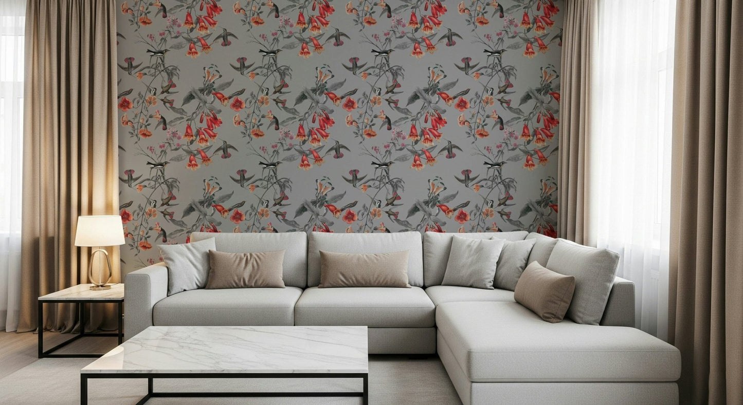 Minimalist Hummingbird's Song wall mural in a bright hallway setting.