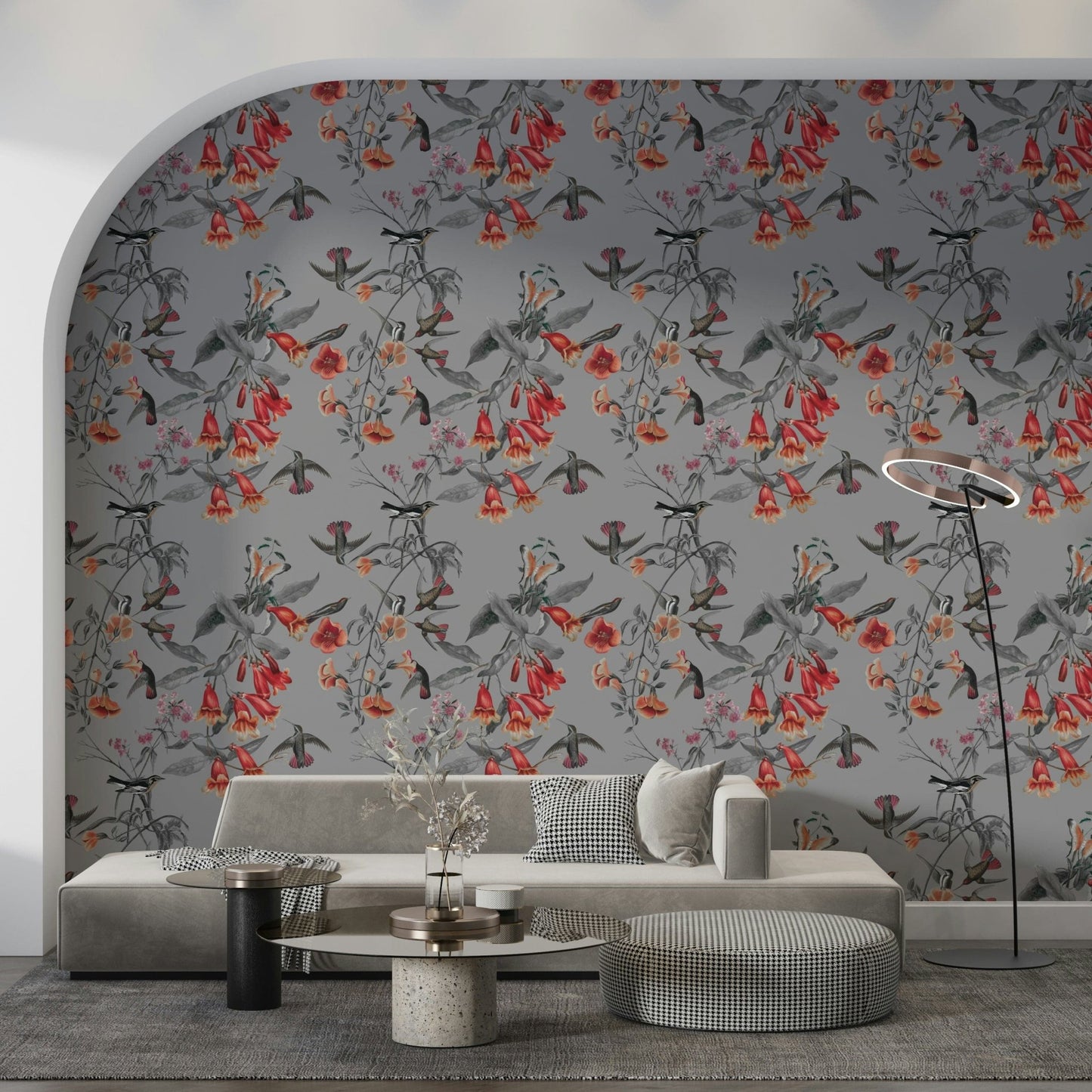 Textured look Hummingbird's Song Wallpaper for a cozy reading nook.