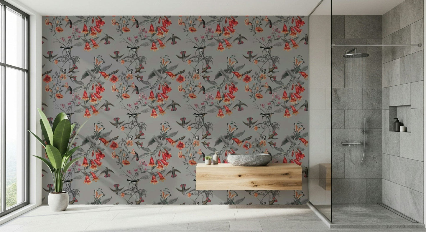 Soft green Hummingbird's Song Wallpaper in a contemporary dining space.