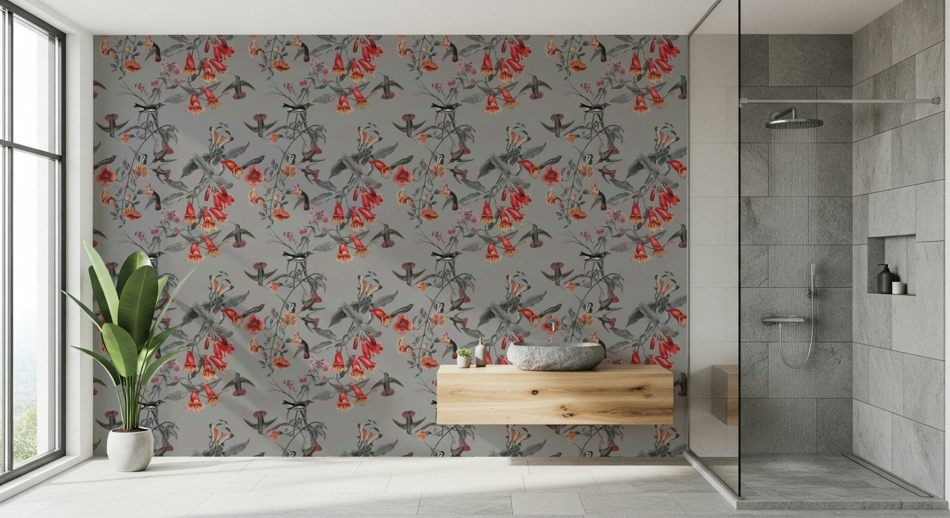 Soft green Hummingbird's Song Wallpaper in a contemporary dining space.