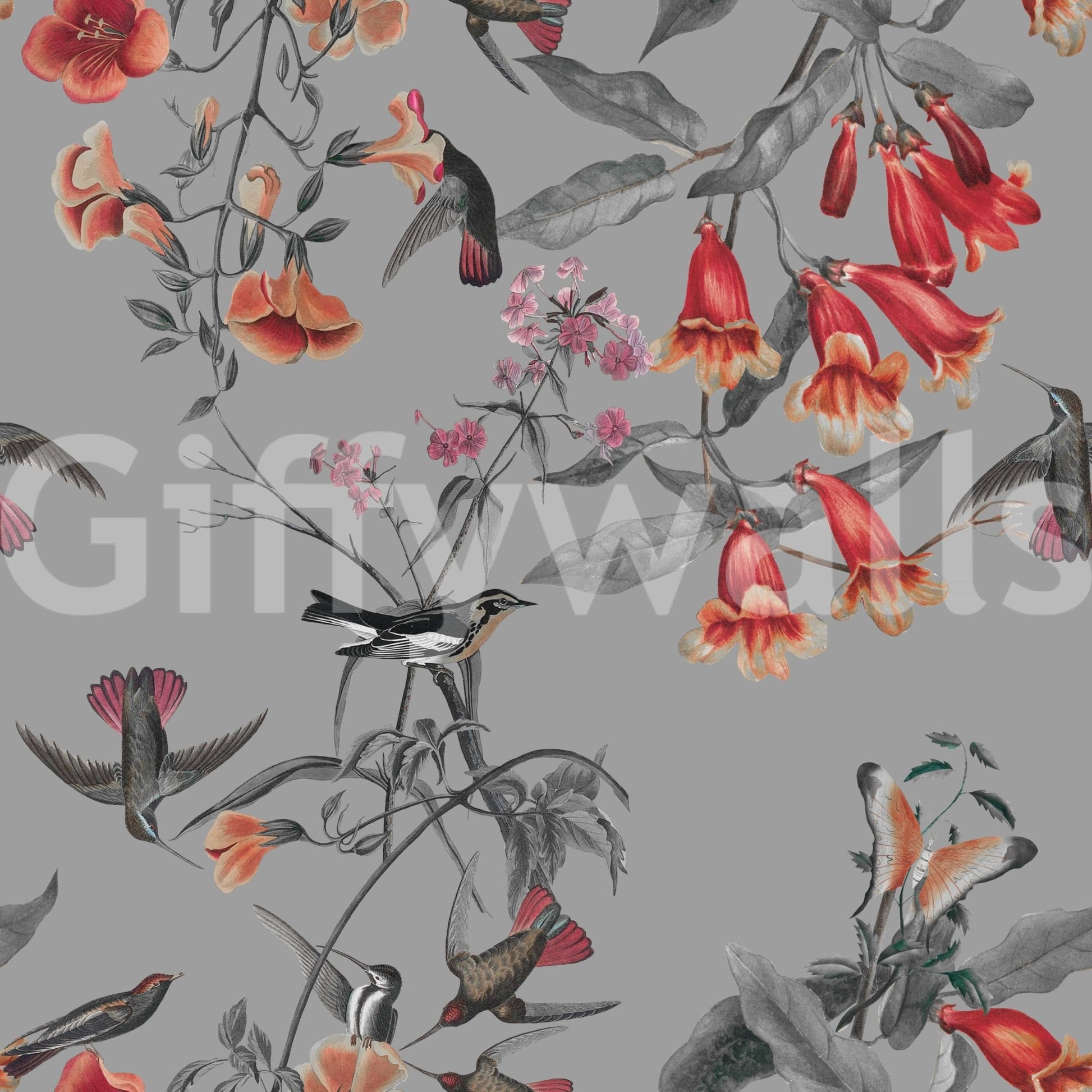 Artistic Hummingbird's Song wall mural in a light filled entryway.