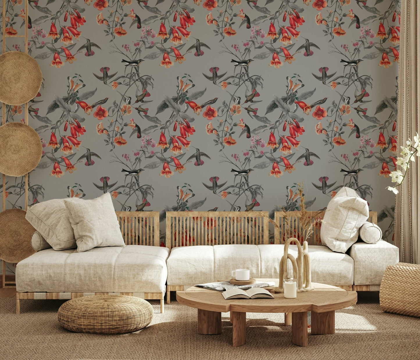 Nature wall mural showing hummingbirds among blossoms in a study.