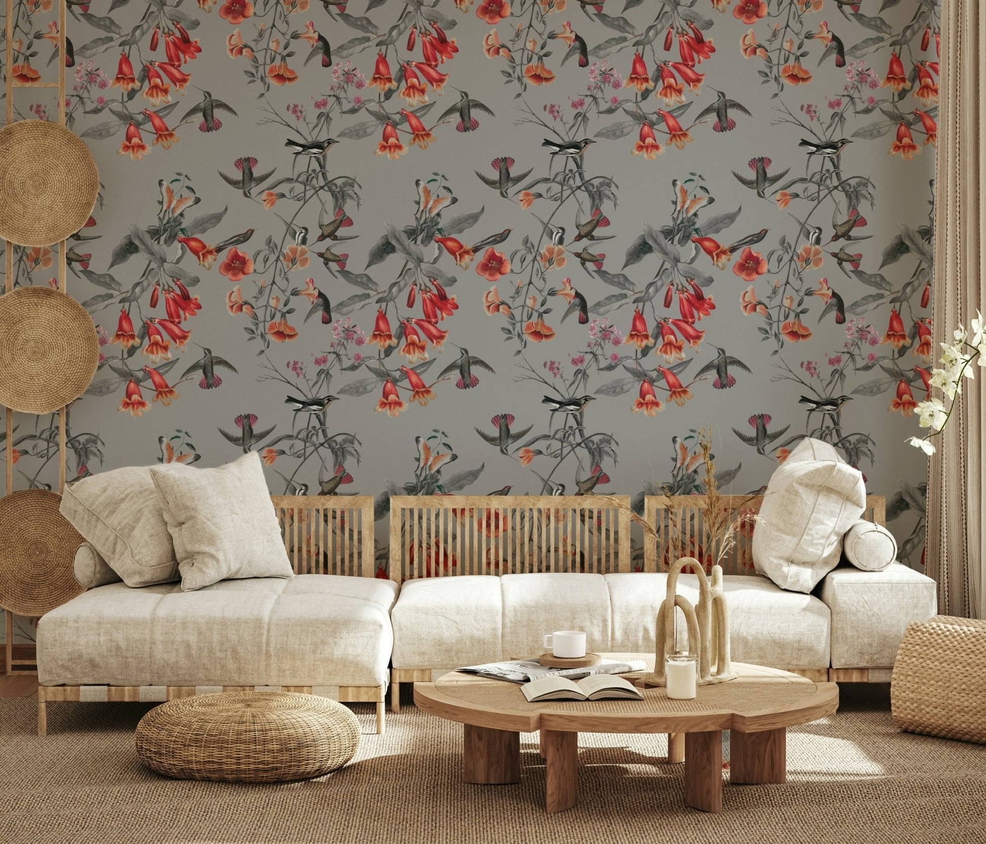 Nature wall mural showing hummingbirds among blossoms in a study.