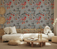 Nature wall mural showing hummingbirds among blossoms in a study.