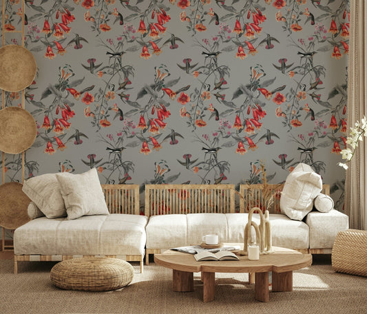 Nature wall mural showing hummingbirds among blossoms in a study.
