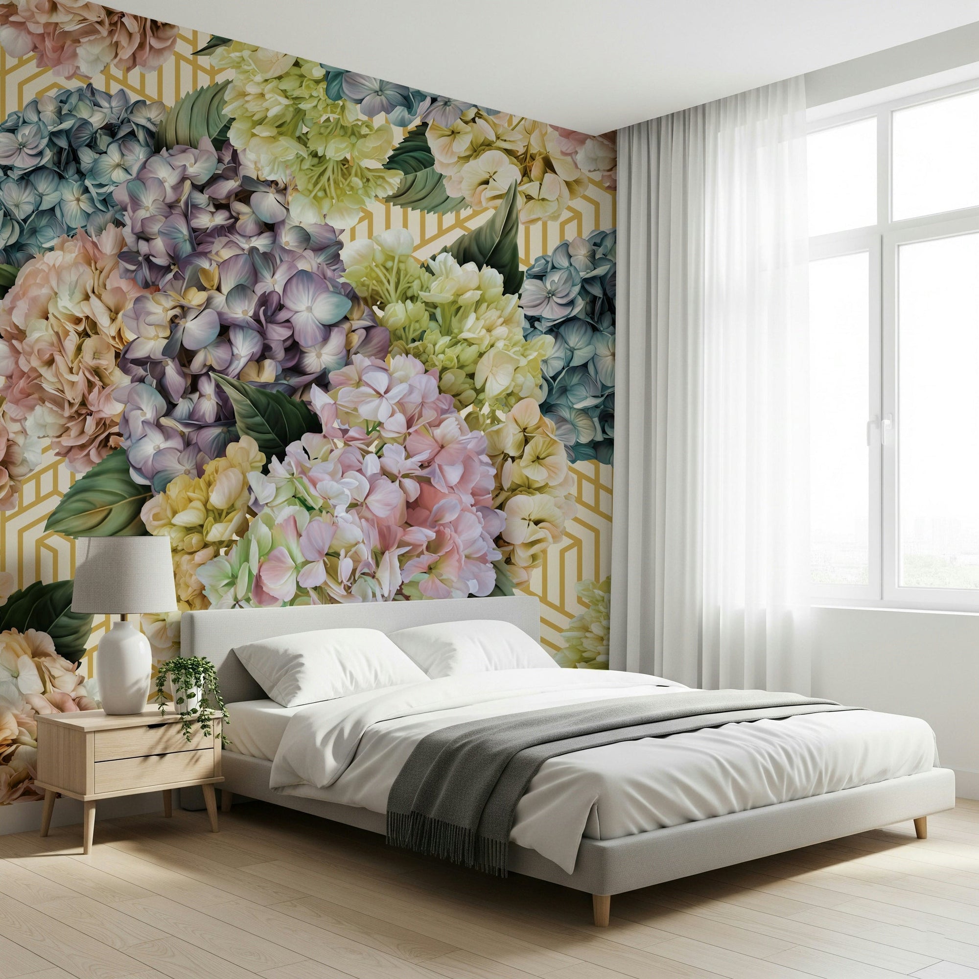 A beautiful subtle floral wallpaper mural with hydrangea blooms., GD5221