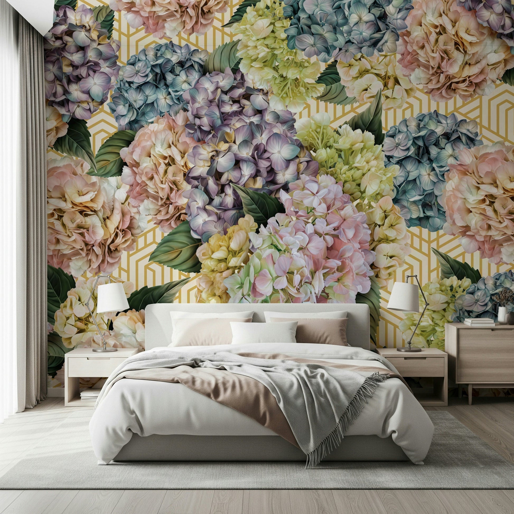 A contemplative floral pattern wallpaper mural for a feature wall.