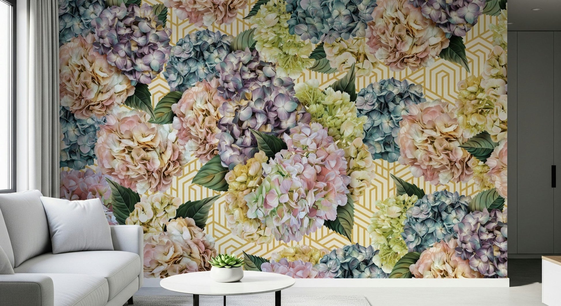 An artistic delicate bloom mural on minimalist wallpaper.