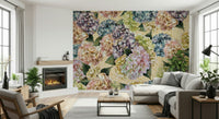 A peaceful flower design mural on decorative wallpaper.