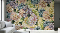 An artistic delicate bloom mural on minimalist wallpaper.
