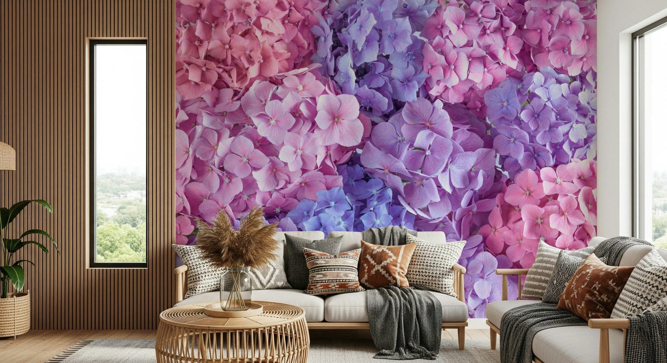 Hydrangea Hues wall mural in a modern living room with soft lighting.