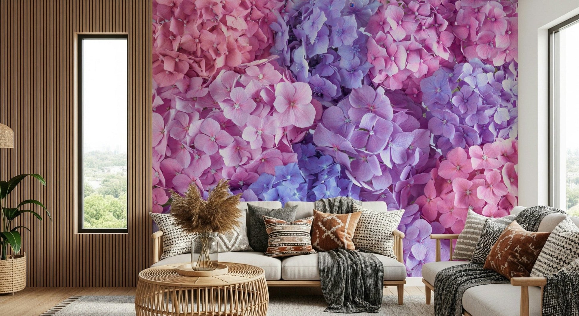 Hydrangea Hues wall mural in a modern living room with soft lighting.