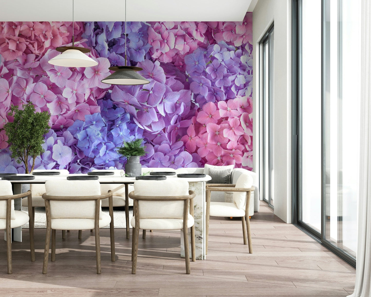 Elegant Hydrangea Hues wall mural for a sophisticated hallway entry.