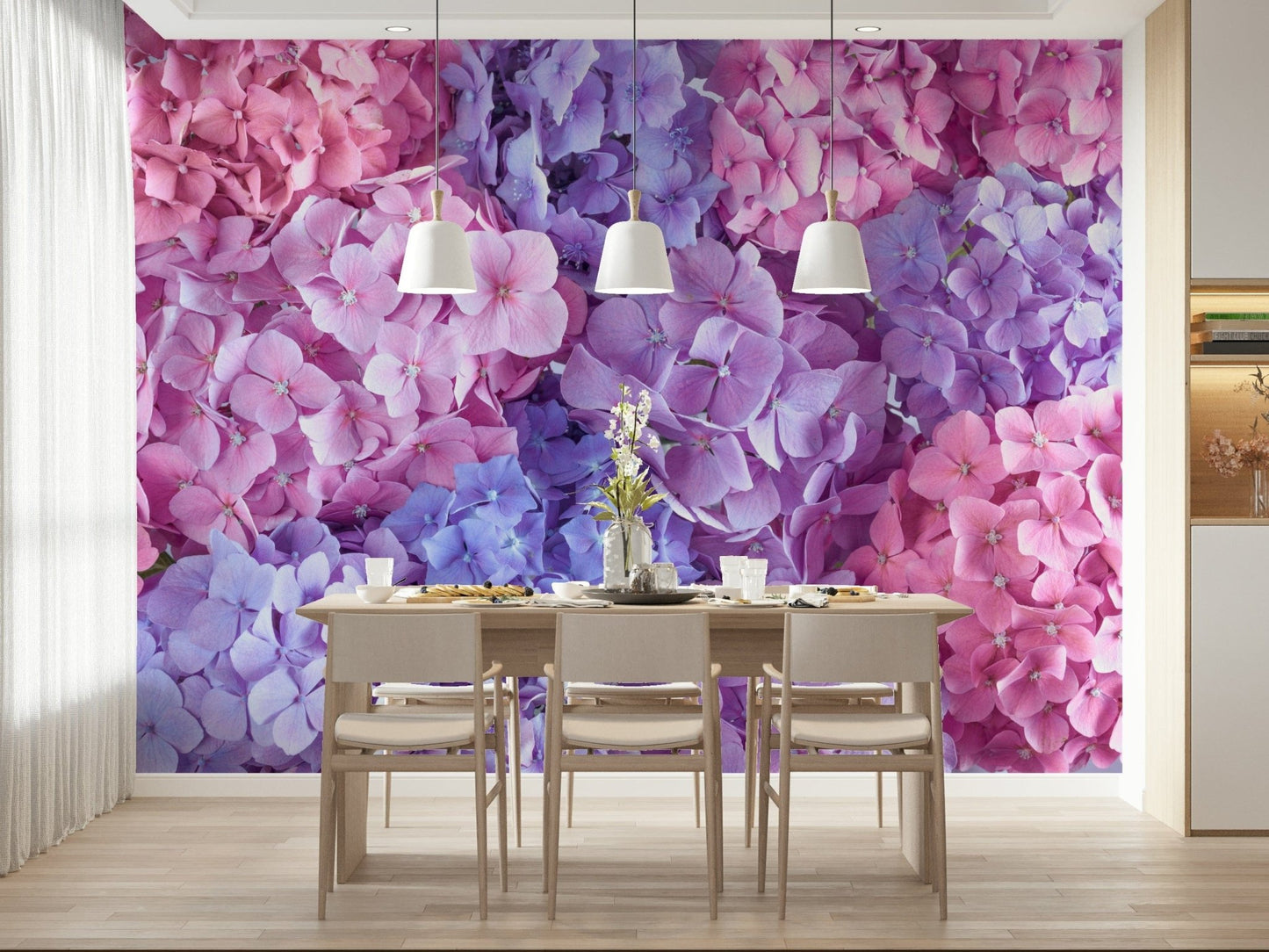 Hydrangea Hues wallpaper on a feature wall in a bright dining area.