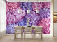 Hydrangea Hues wallpaper on a feature wall in a bright dining area.