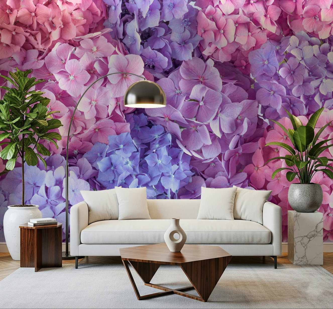 Soft blue floral wallpaper in a contemporary apartment lounge area.