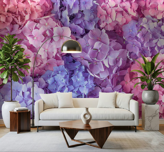 Soft blue floral wallpaper in a contemporary apartment lounge area., GD7751