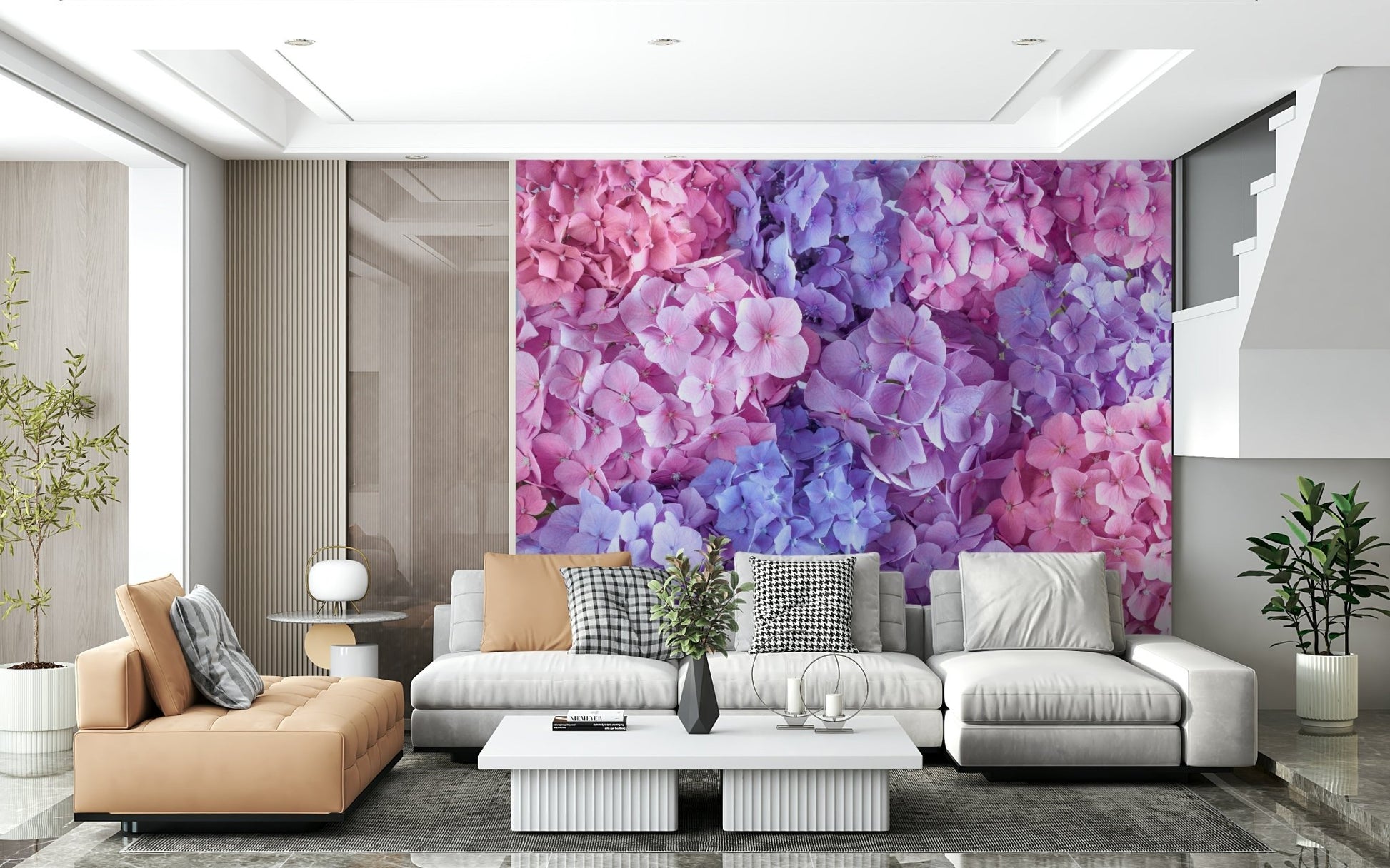 Artistic garden wall mural with lush greenery in a modern flat.