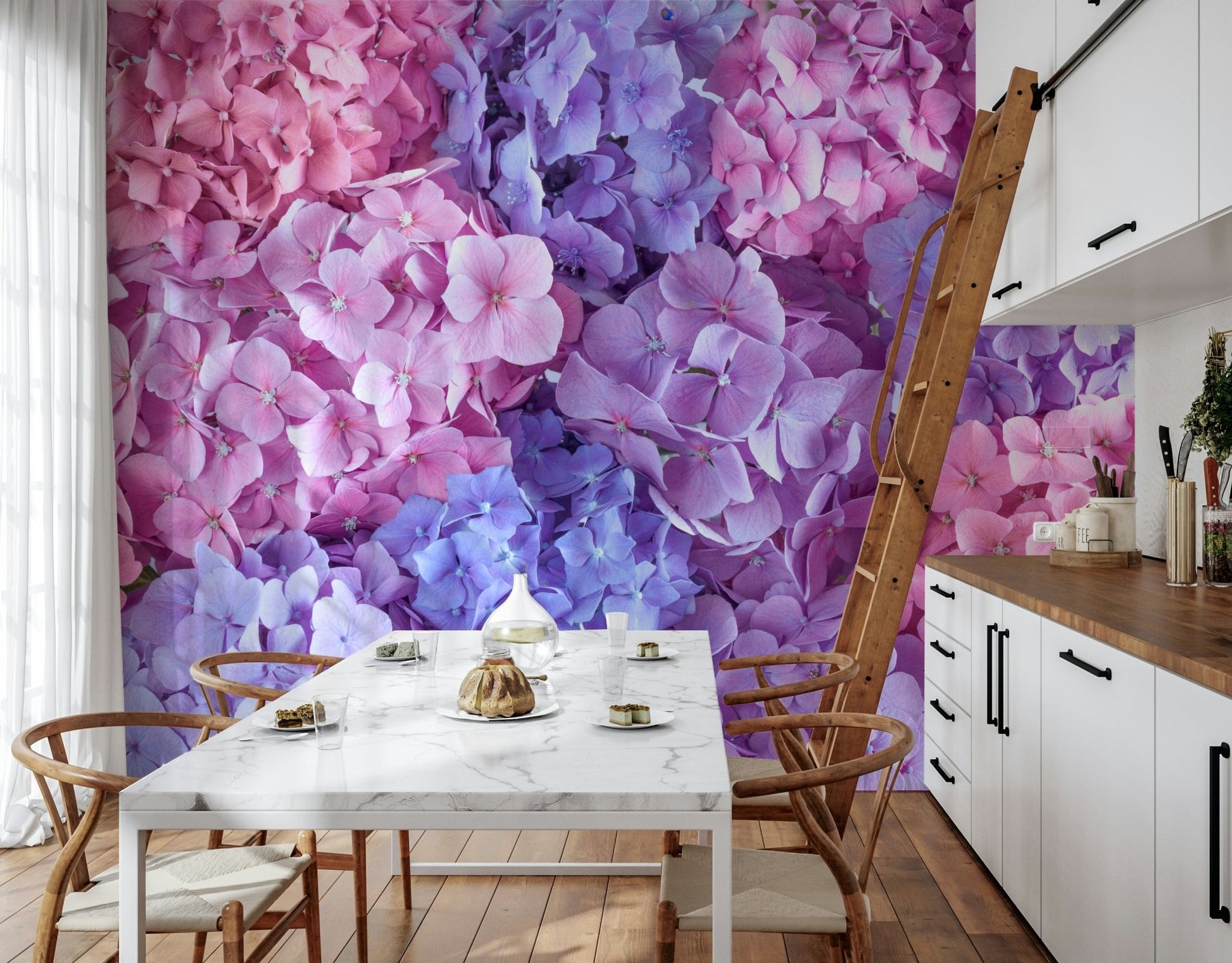 Hydrangea Hues wallpaper for a peaceful guest room feature wall.