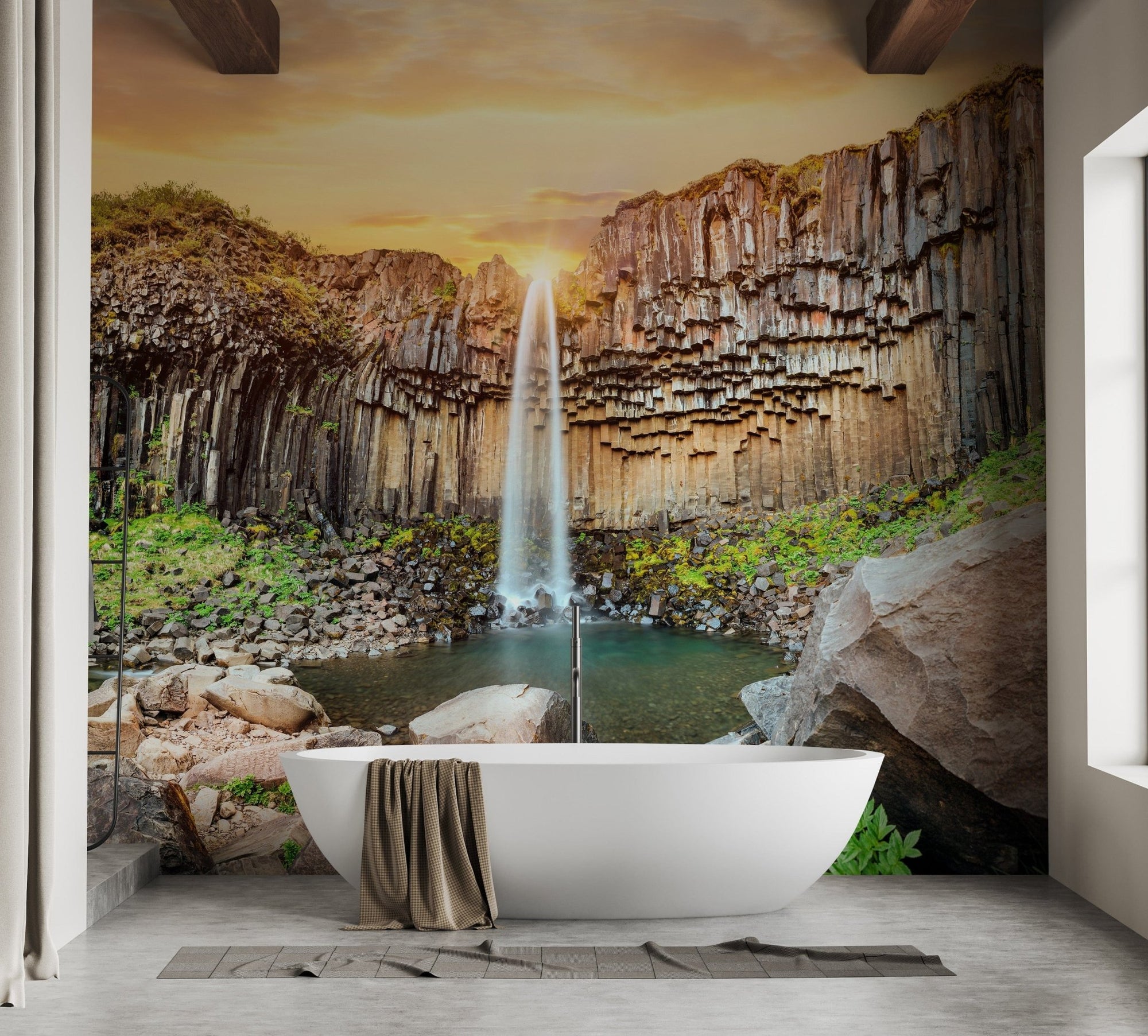 Iceland waterfall wallpaper mural with basalt columns. A258