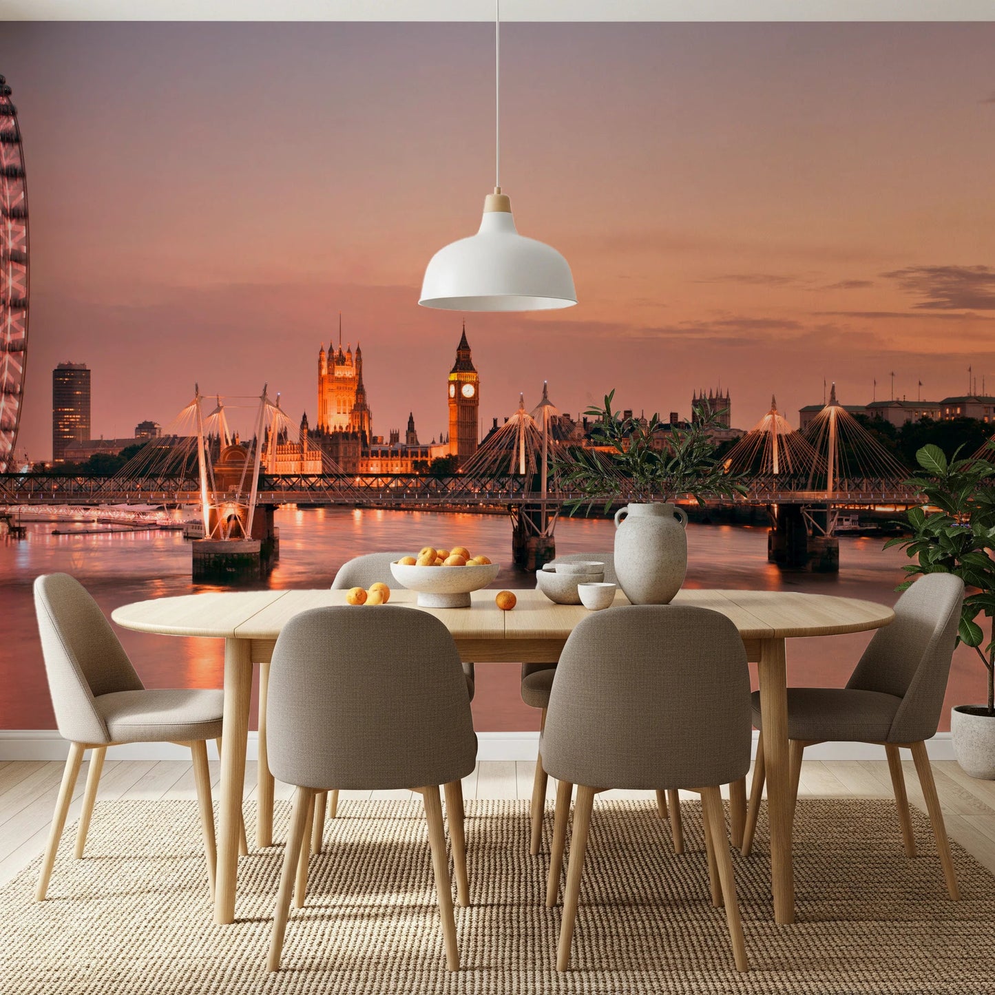 The dining setup looks warmer beside Iconic London at Dusk Wall Mural reflections